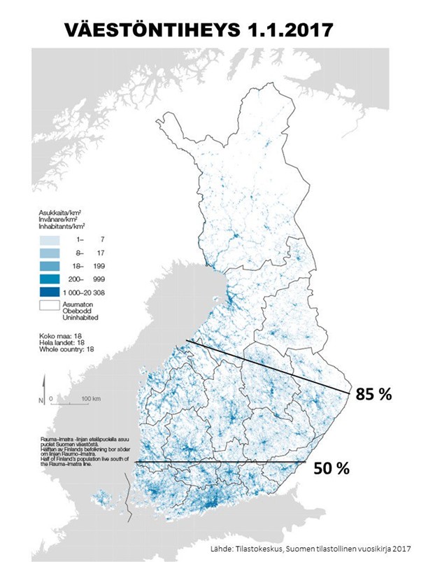 map showing the distribution of Finland's population